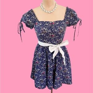 Unique Vintage Navy Dress w Mushrooms & Roosters Cottagecore XS